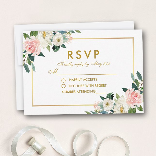 Aquarelle Floral Rose Blanc Or Mariage RSVP (Customize to change size, style or text color.)