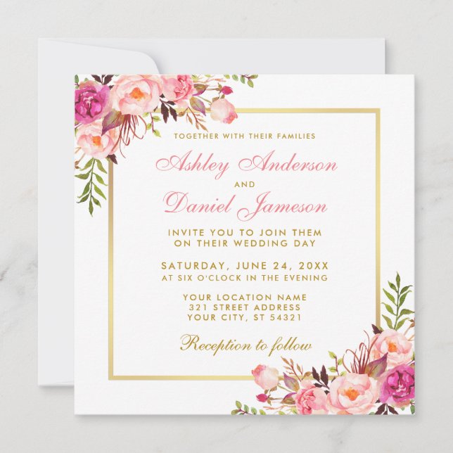 Aquarelle Floral Rose Blush Gold Carte Sq Mariage (Devant)