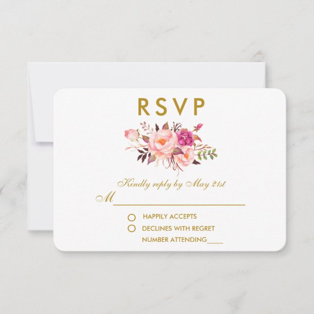 Aquarelle Floral Rose Blush Gold Wedding RSVP (Devant)