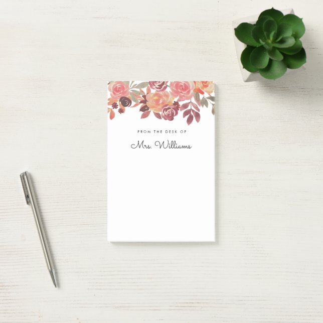 Aquarelle Floral rose enseignant Post-It Note (Bureau)