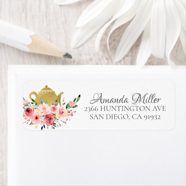 Aquarelle Floral Tea Bride Adresse de retour Label (En situation)