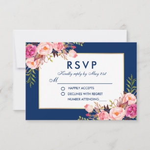 Aquarelle florale bleu rose or RSVP Mariage B