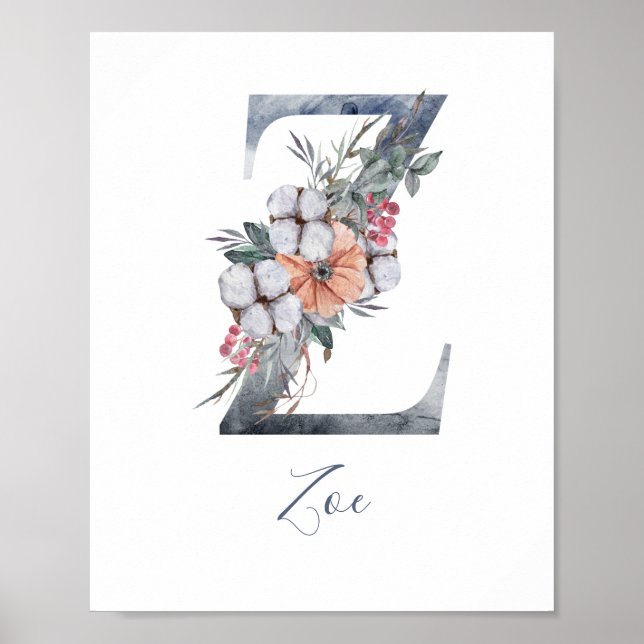 Aquarelle Florale Bleue Monogramme Z Nom Poster (Devant)