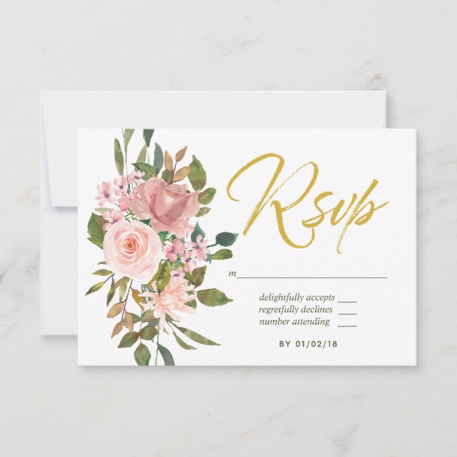 Aquarelle florale Blush Rose et Gold Wedding RSVP (Devant)
