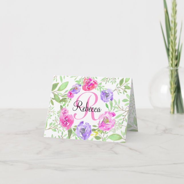 Aquarelle florale de pivoine rose Monogramme (Devant)