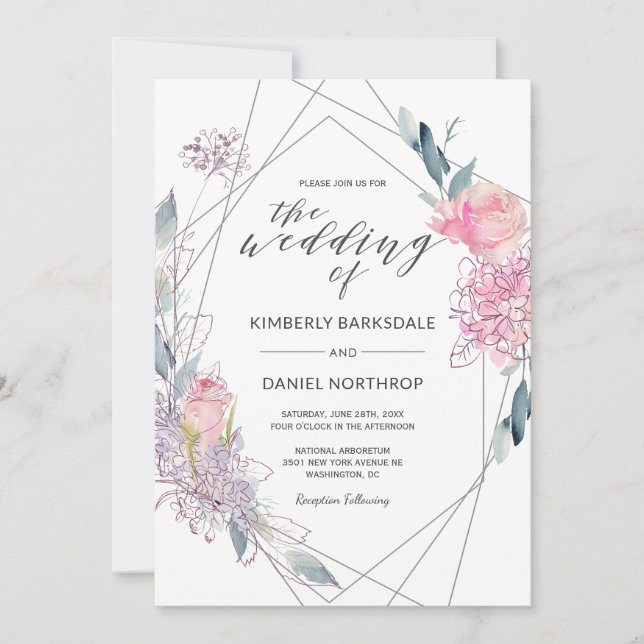 Aquarelle Florale Faire-part de mariage géométriqu (Devant)