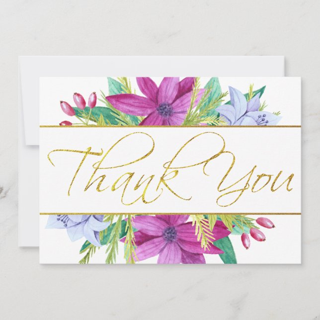 Aquarelle Florale Faux Gold Foil Carte de remercie (Devant)