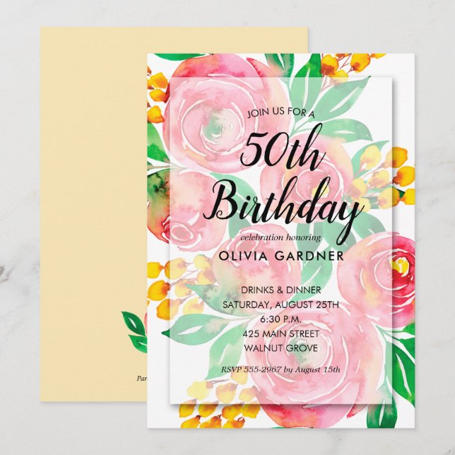 Aquarelle Florale Invitations d'anniversaire (Devant / Derrière)