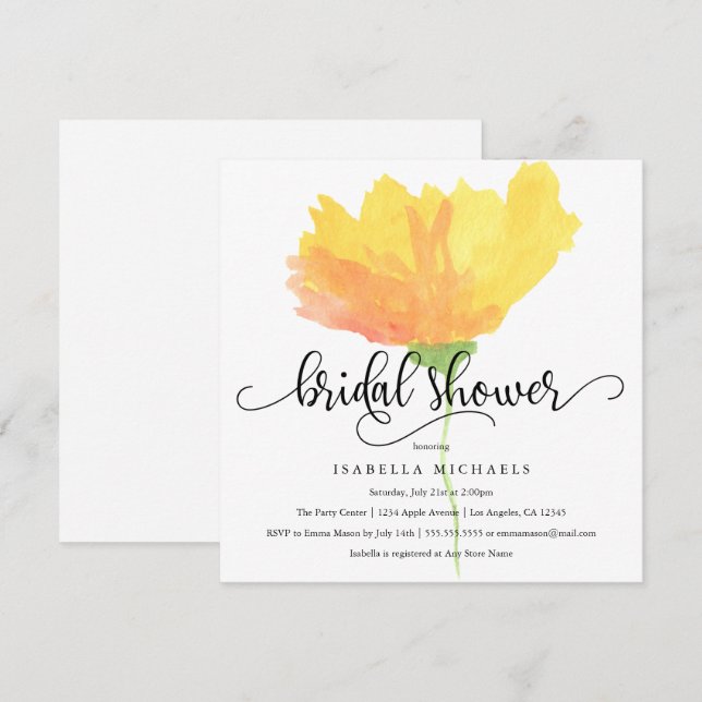 Aquarelle florale jaune| Invitation Fête de l'mari (Devant / Derrière)