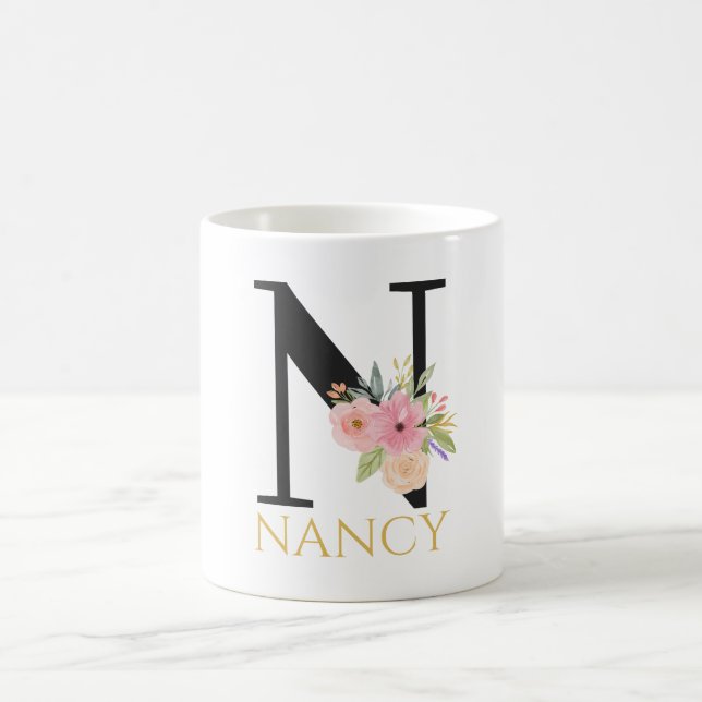 Aquarelle Florale Monogramme Café Mug (Centre)