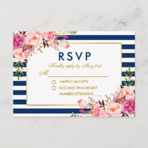 Aquarelle florale rose Bleu rayures Mariage RSVP