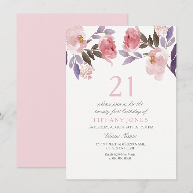 Aquarelle florale rose mignonne 21e Invitation d'a (Devant / Derrière)