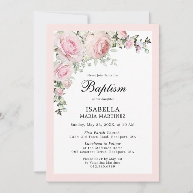 Aquarelle florale rose pâle Baptême Invitation (Devant)