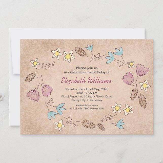 Aquarelle florale rustique Invitation d'anniversai (Devant)
