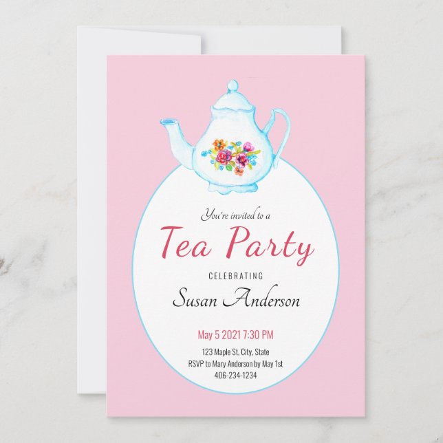 Aquarelle Florale Teapot Pink Tea Party Invitation (Devant)