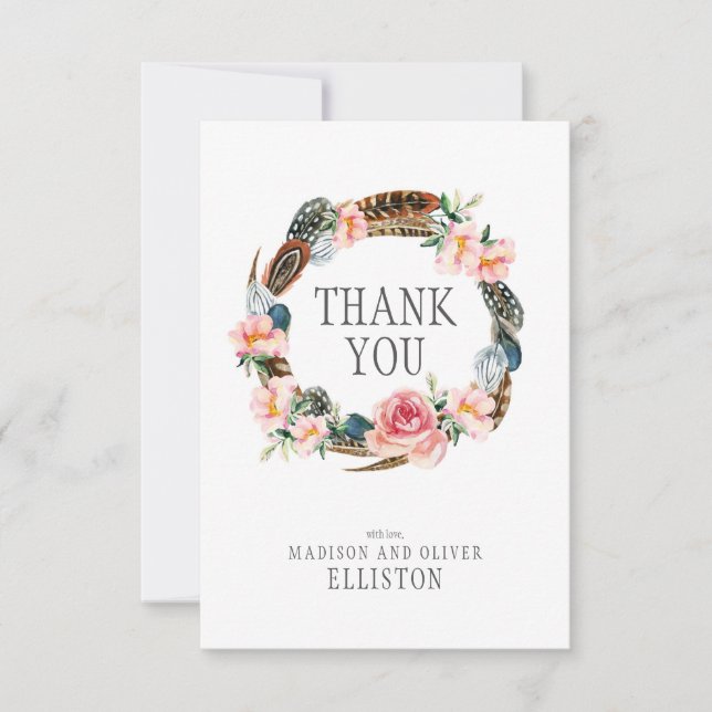 Aquarelle Florale Wreath avec plumes | MERCI (Devant)