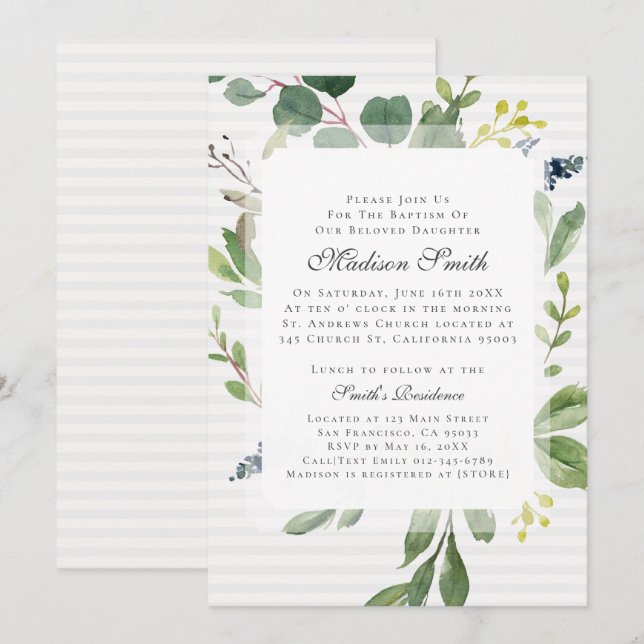 Aquarelle Foliage Baptême Invitation (Devant / Derrière)