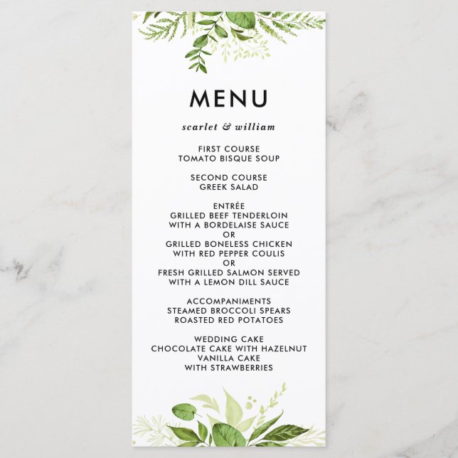 Aquarelle Folid vert sauvage Menu Mariage Carte II (Devant)