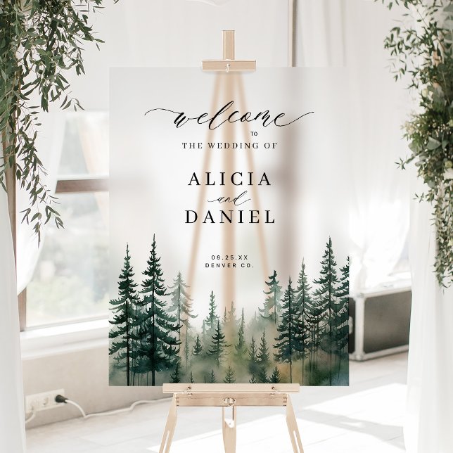 Aquarelle forêt de pins d'hiver signe de bienvenue (Créateur téléchargé)