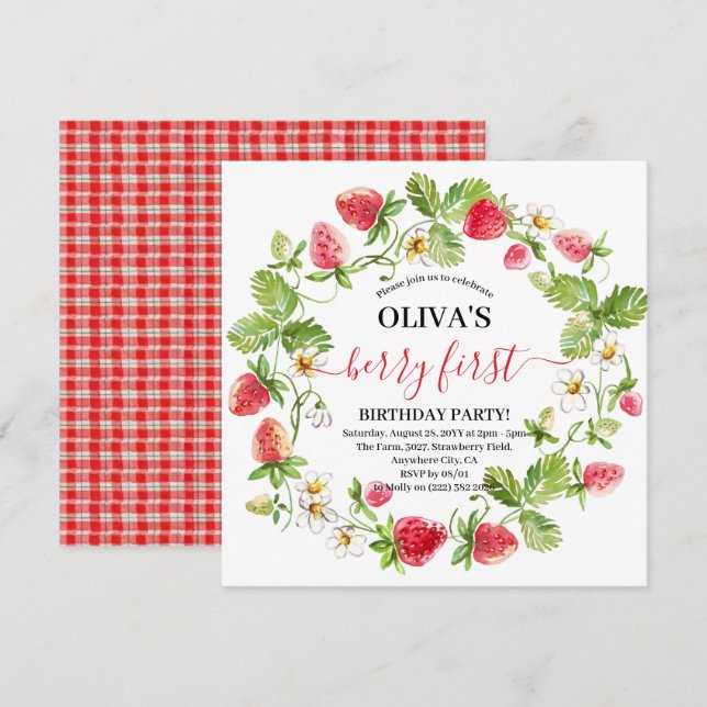 Aquarelle fraise 1er anniversaire Invitation (Devant / Derrière)