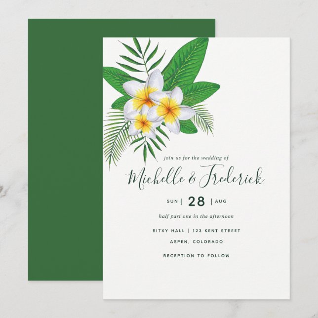 Aquarelle Frangipani Plage Mariage Invitation (Devant / Derrière)