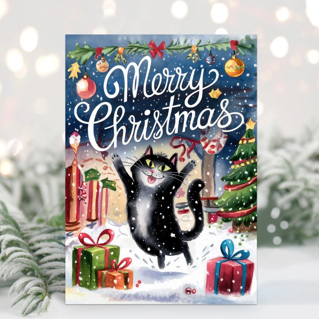 Aquarelle Funky Chat Noir Merry Carte de Noël (Créateur téléchargé)