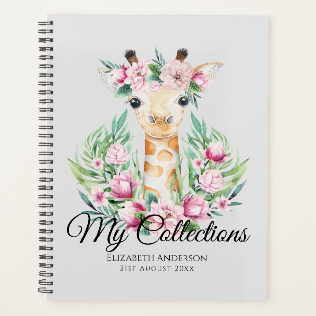 Aquarelle GIRAFFE Boho Fleurs roses Filles Nommées (Devant)