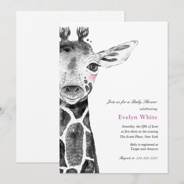 Aquarelle Giraffe | invitation Baby shower (Devant / Derrière)