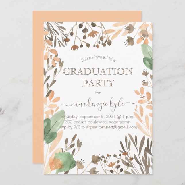 Aquarelle Graduation Boho Green Invitation (Devant / Derrière)