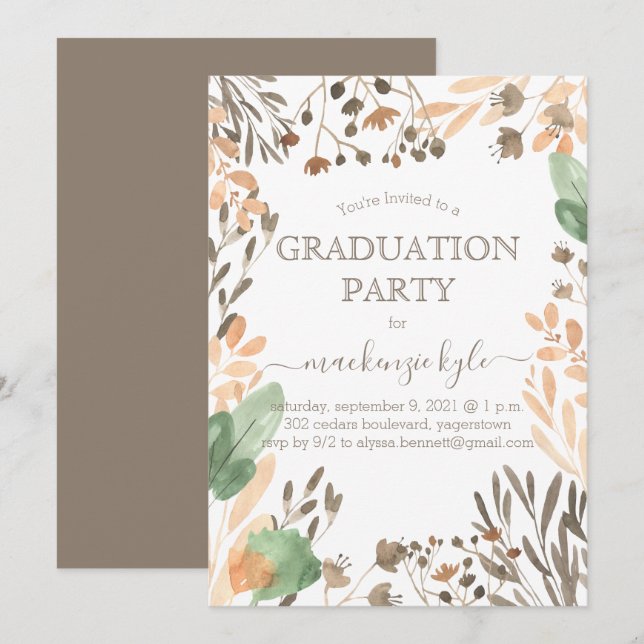 Aquarelle Graduation Boho Green Invitation (Devant / Derrière)