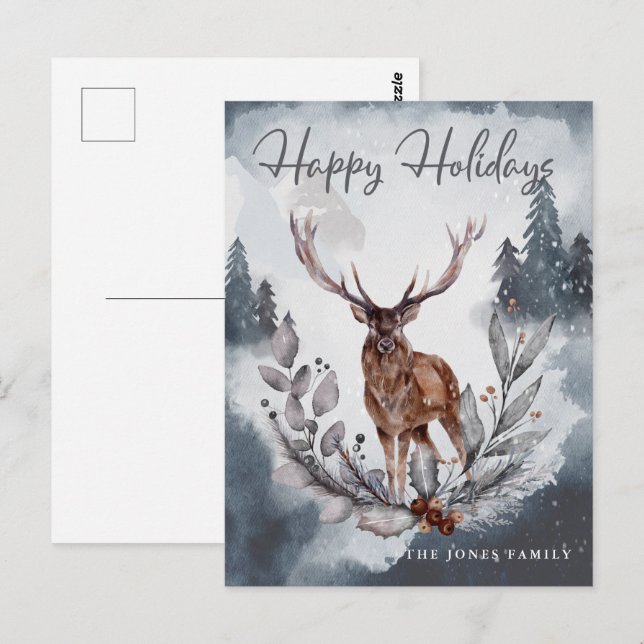 Aquarelle gris hiver Noël Carte postale (Devant / Derrière)