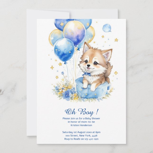 Aquarelle Gris Loup Pup Baby shower Invitation (Devant)