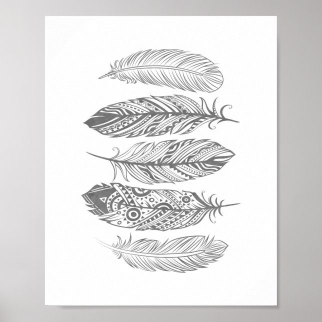 Aquarelle gris plumes Tribal Imprimer Poster (Devant)