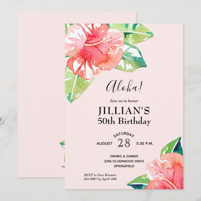 Aquarelle Hibiscus tropicaux Invitations d'anniver (Devant / Derrière)