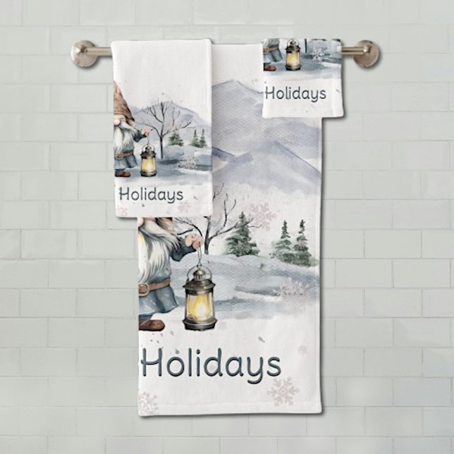 Aquarelle hiver Gnome de Noël (Watercolor Winter Christmas Gnome Bath Towel Set)