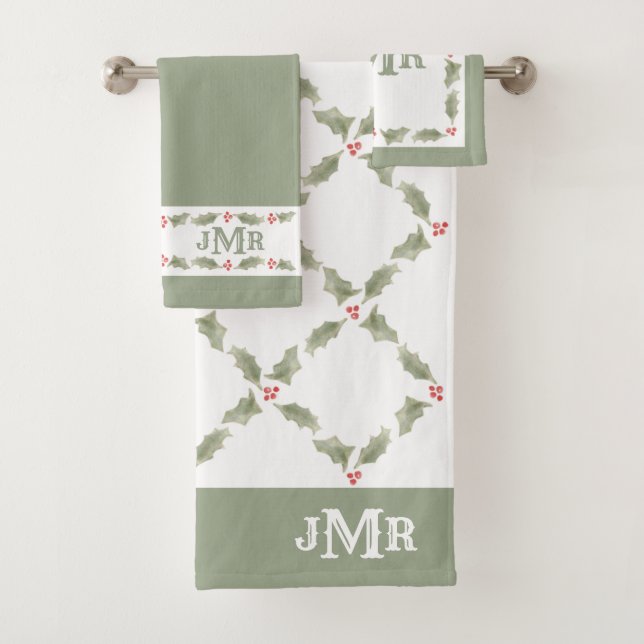 Aquarelle Holly Monogramme Noël Rouge Vert (En situation)