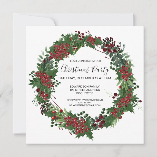 Aquarelle Holly wreath invitation à Noël (Devant)