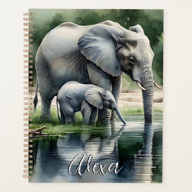 Aquarelle Illustration de maman et bébé éléphant (Devant)