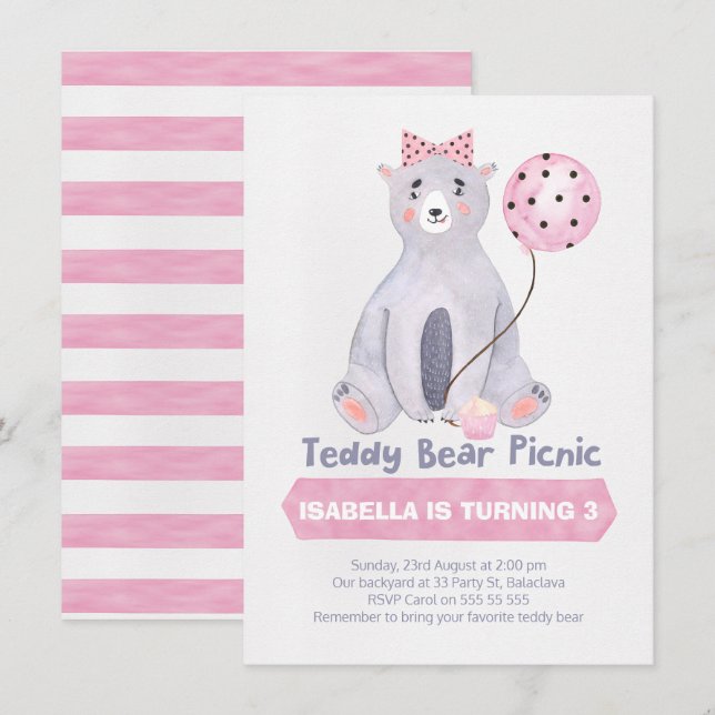 Aquarelle Invitation au pique-nique d'Ours Teddy (Devant / Derrière)
