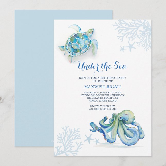 Aquarelle Invitation d'anniversaire sous la mer (Devant / Derrière)