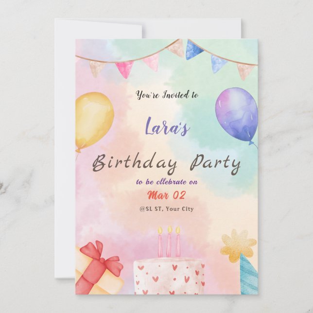 Aquarelle Invitation de fête d'anniversaire (Devant)