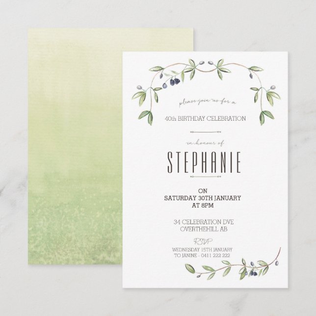 Aquarelle Invitation de la vigne de feuilles d'oli (Devant / Derrière)