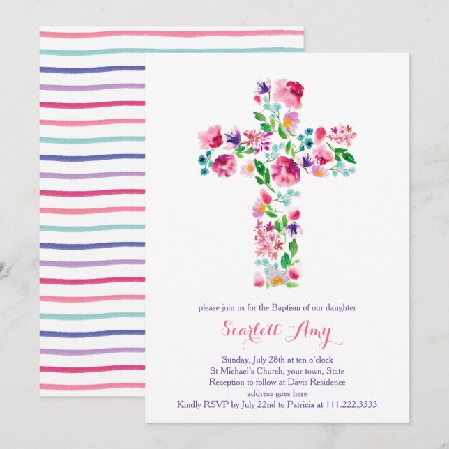 aquarelle Invitations Christening, rose violet (Devant / Derrière)