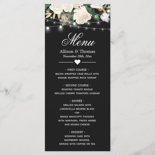 Aquarelle ivoire Floral String Lights Menu Mariage (Devant)