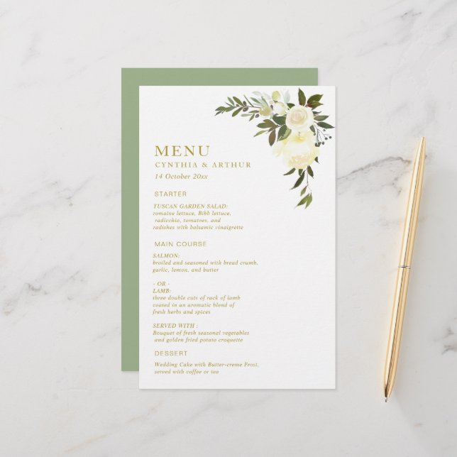 aquarelle ivoire menu mariage vert fleuri (Devant/Arrière en situation)