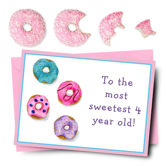Aquarelle Joyeuse 4e anniversaire Carte de beignes (Satisfy their sweet tooth with a donut-filled birthday delight! Yum!)