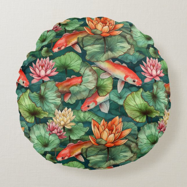 Aquarelle Koi et nappes d'eau Coussin rond (Devant)