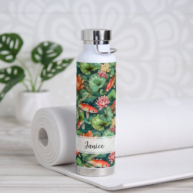 Aquarelle Koi & Lys d'eau Nom Bouteille d'eau (Yoga)