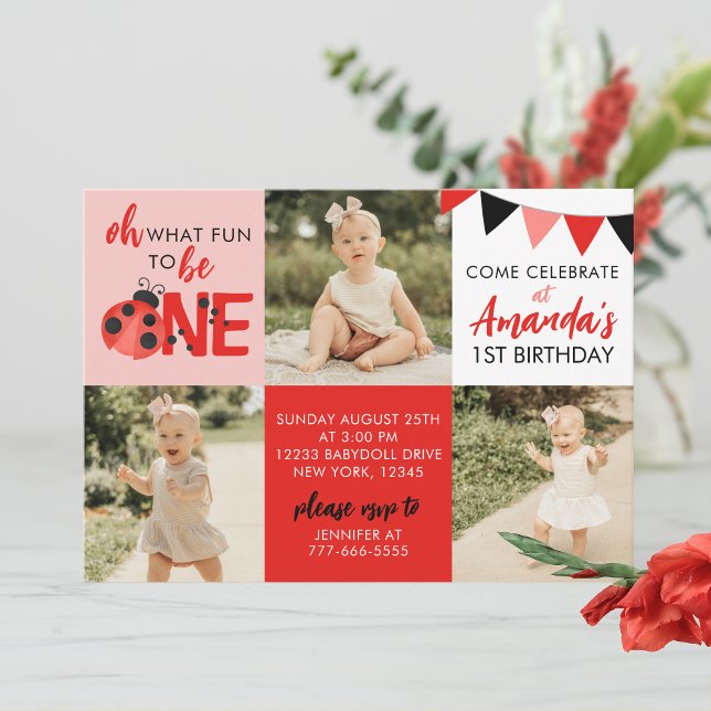 Aquarelle Ladybug 3 Photo Invitation Anniversaire (Light Pink Salmon Oh What Fun to Be One Watercolor Ladybug 3 Photo Birthday Invitations)