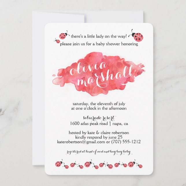 Aquarelle Ladybug Girl Baby Shower Invitations (Devant)